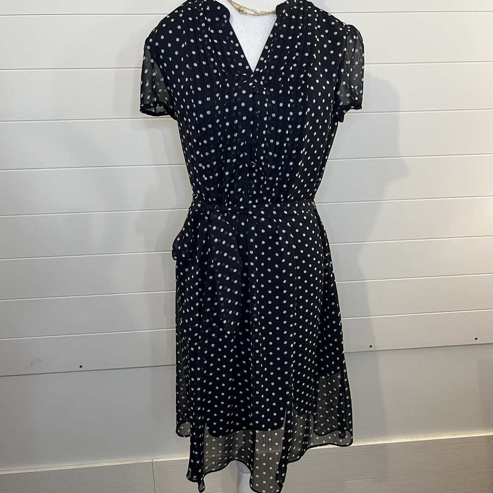 MSK Womens Polka Dot Dress Black Sheer Overlay V Neck Belted Pleated Size 12